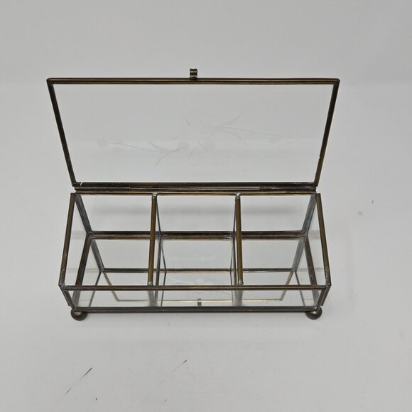 Vintage Mirrored Brass Leaded Etched Glass Divided Jewelry Trinket Box Casket - Picture 4 of 7